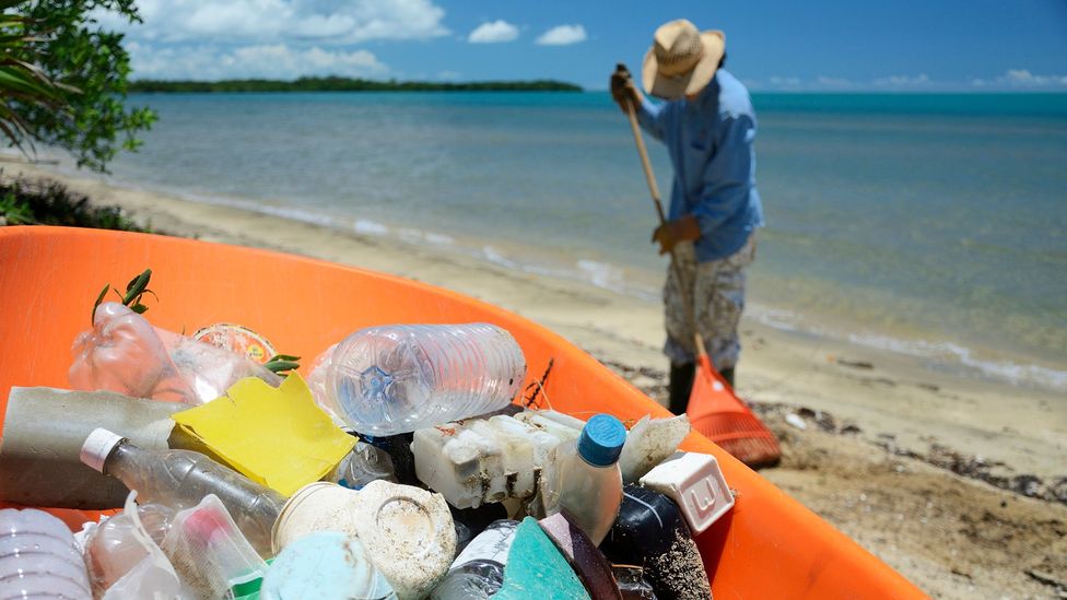 A sponge can clean up the plastic garbage